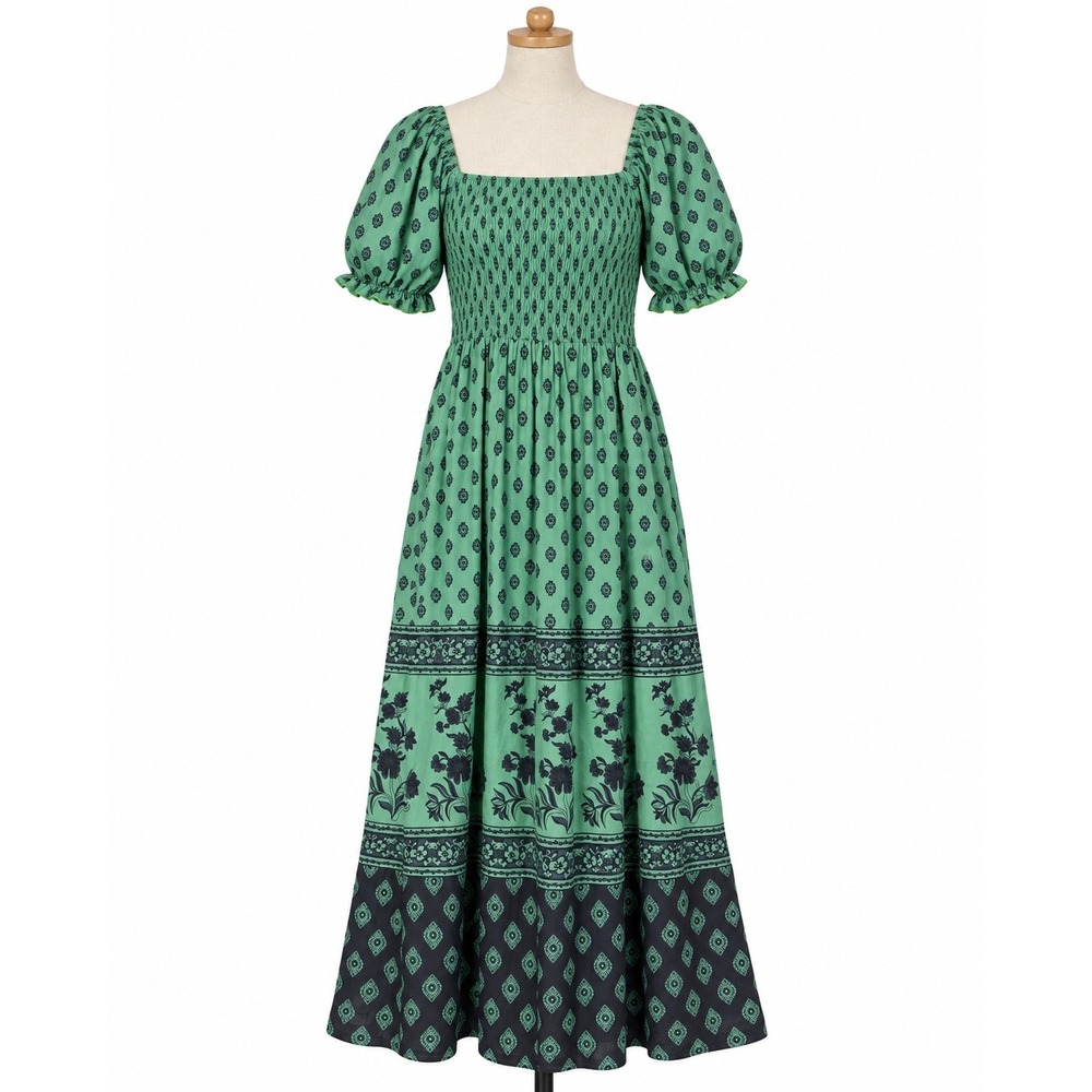 Womens 2XL Green Black Smocked Maxi Dress Puff Sleeve Square Neck Boho Cottage